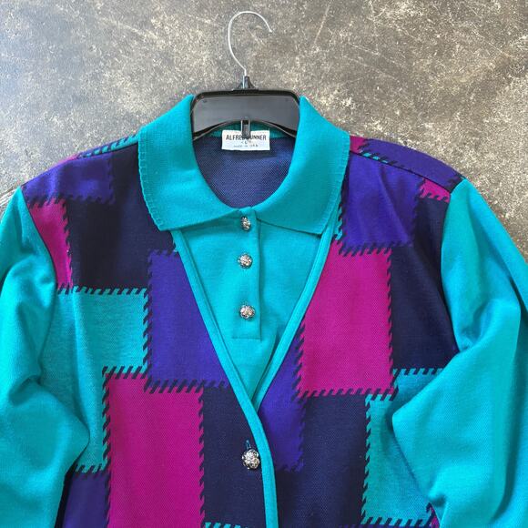 Vintage Alfred Dunner Cardigan Sweater Womens L Green Blue Button Up Cottage - Picture 2 of 8